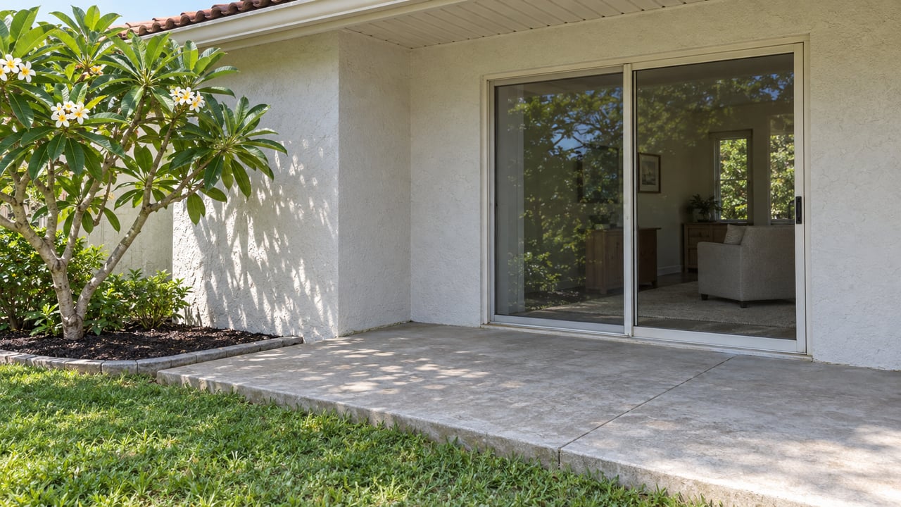 Off-white single-story home with a shaded sliding glass door, concrete patio and a flowering-tree planting bed beside a coarse green lawn.