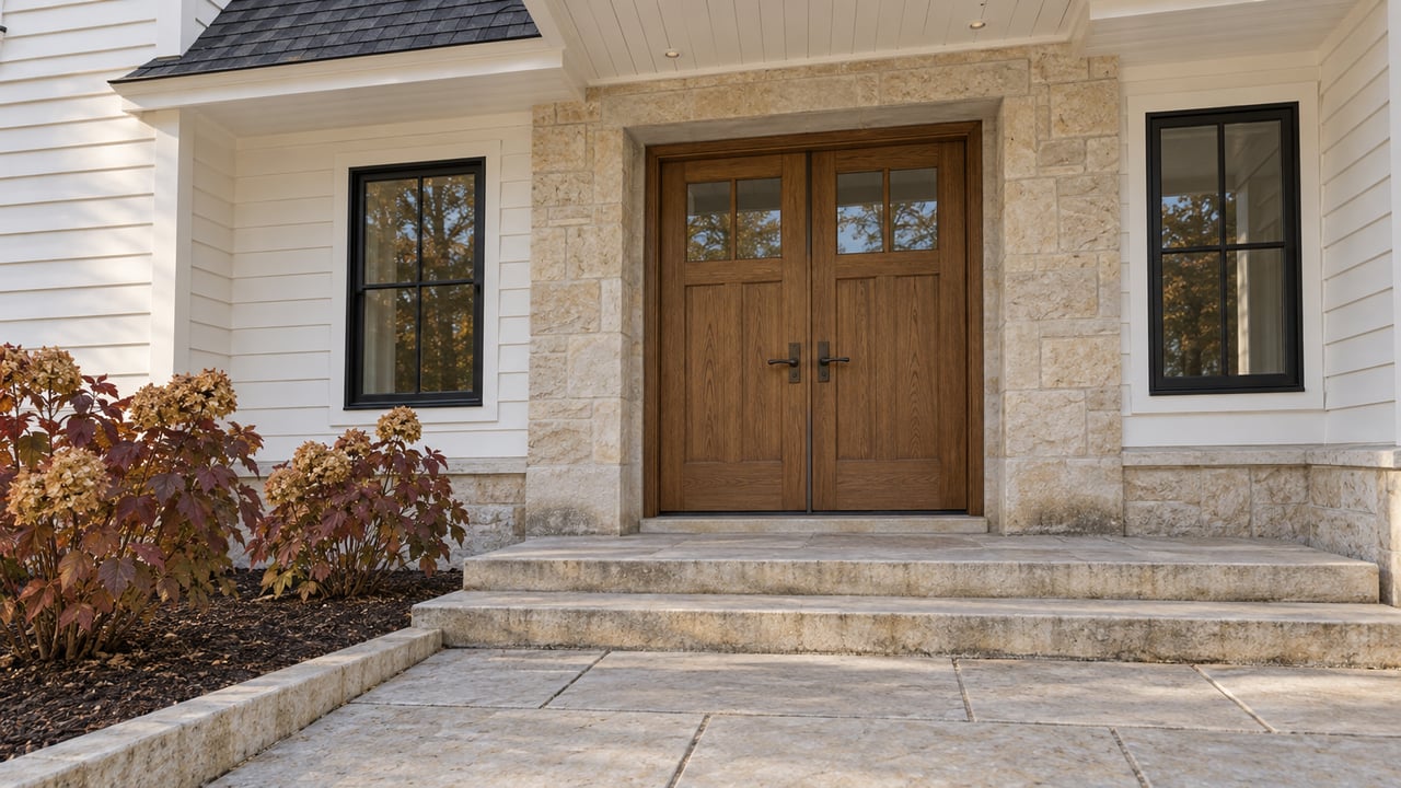 Paired oak doors in a pale limestone entry surround, with white siding, black-framed windows, broad stone steps, and burgundy oakleaf hydrangeas.
