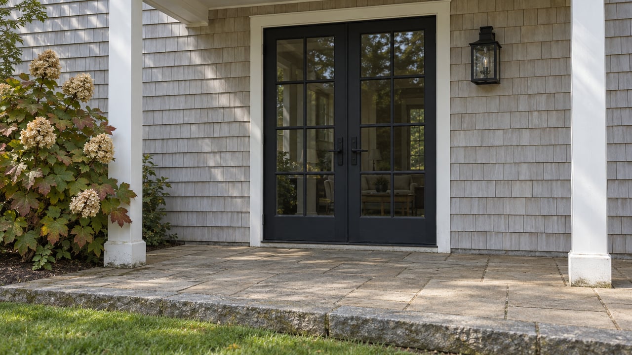Light-gray shingle home with paired dark glazed doors, a shaded rear porch and a stone-edged terrace beside autumn oakleaf hydrangea.