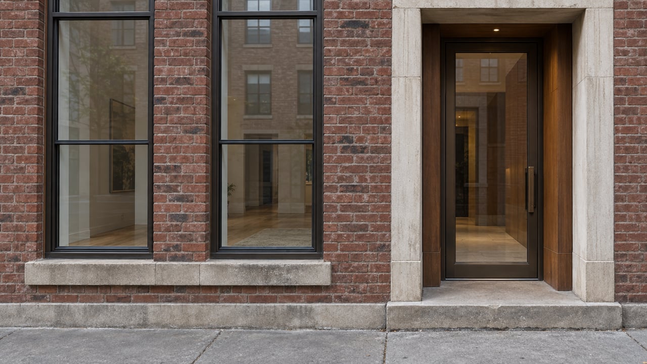 Aged red-brown brick residential facade with tall bronze-framed windows, a recessed glass entrance and a worn limestone step.