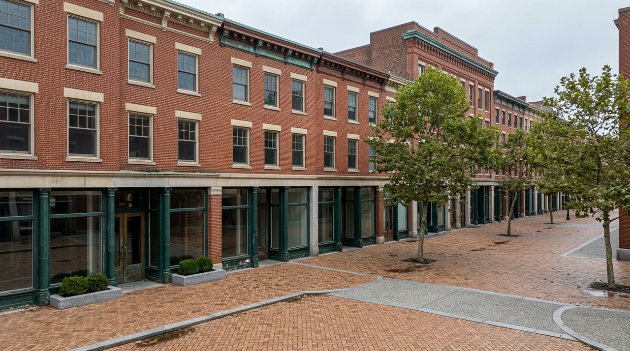 Historic brick storefronts with green cast-iron columns line a rain-slick plaza paved in herringbone brick.