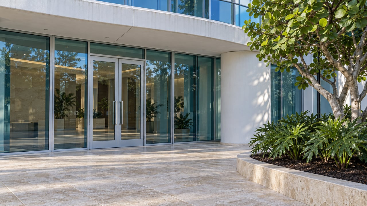 Curved white condominium entrance with teal glass, limestone paving, and a sculptural sea grape tree in a raised planting bed.