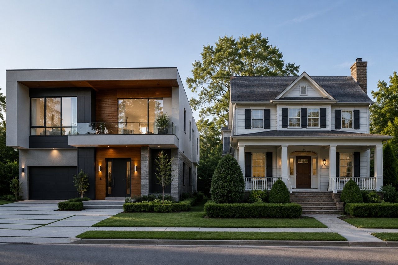 A horizontal, photorealistic image showcasing two neighboring luxury homes—one with sleek modern architecture and the other featuring classic traditional design—highlighting the comparison of home styles and long-term property value in the Nashville luxury real estate market.