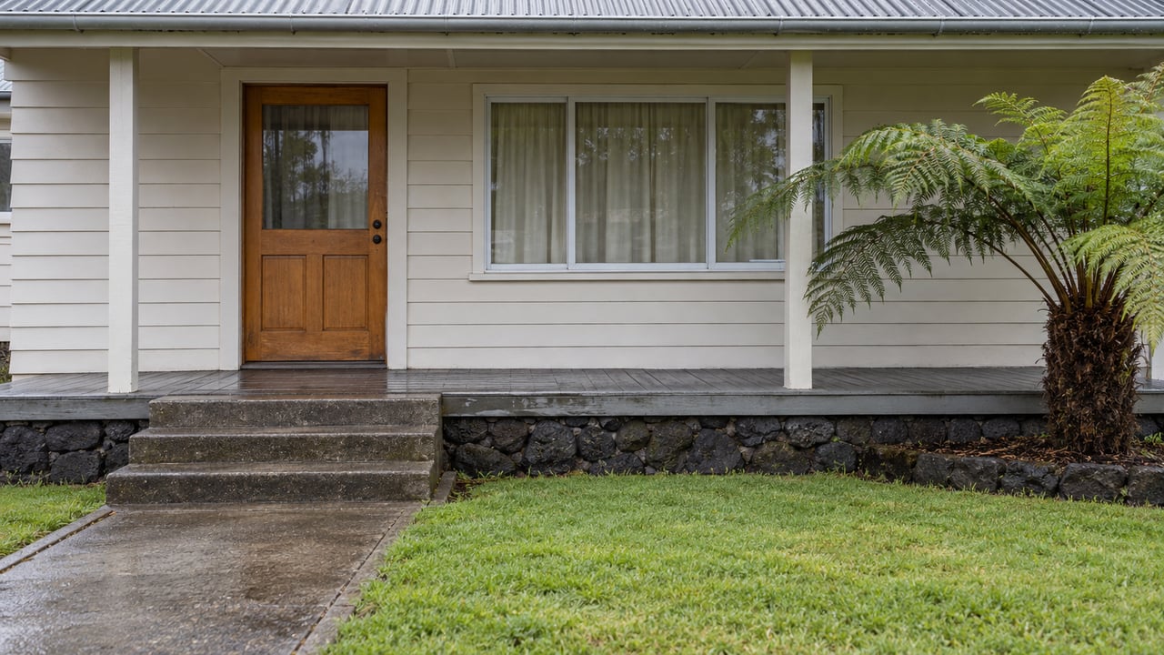 A modest off-white timber home's covered entry, damp concrete steps, lawn, and a single arching tree fern in soft morning light.