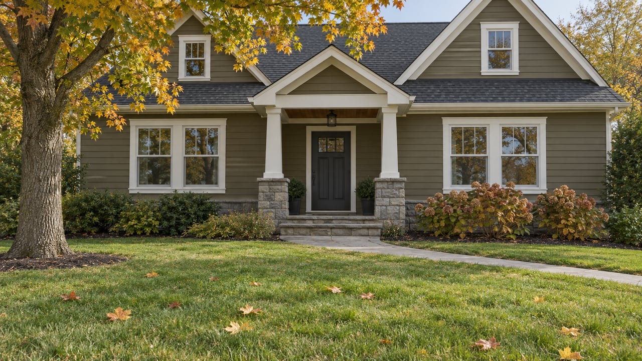 Olive-brown gabled home with white porch columns, a broad autumn lawn, and a mature sugar maple.