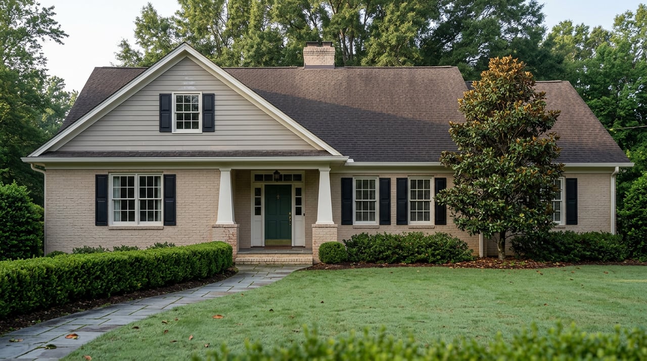 Two-story buff brick and gray-sided home with a green front door, curved stone walkway, and mature magnolia.