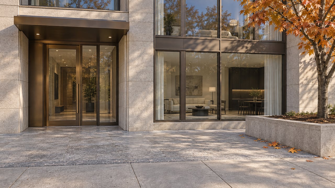 Limestone and bronze condominium entrance beside tall glazed windows and an autumn sugar maple, with a shallow granite forecourt.
