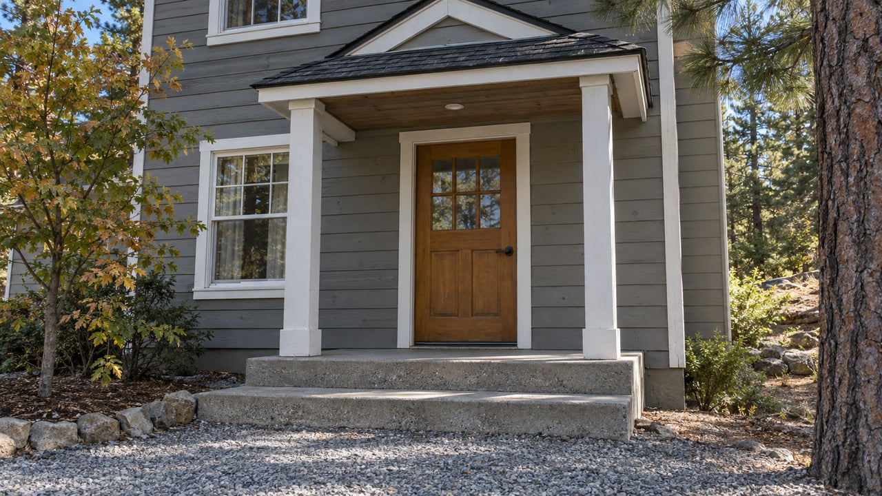 Gray clapboard cabin entry with a wood door, white porch posts, concrete steps and gravel approach framed by pine and oak.