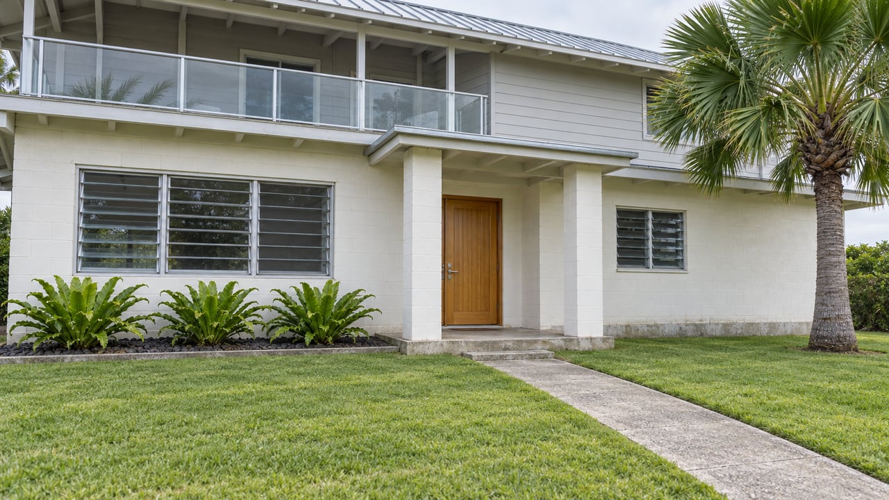 Light-colored two-story home with jalousie windows, a glass-lined upper lanai and a concrete walk crossing a deep lawn beside a specimen palm.