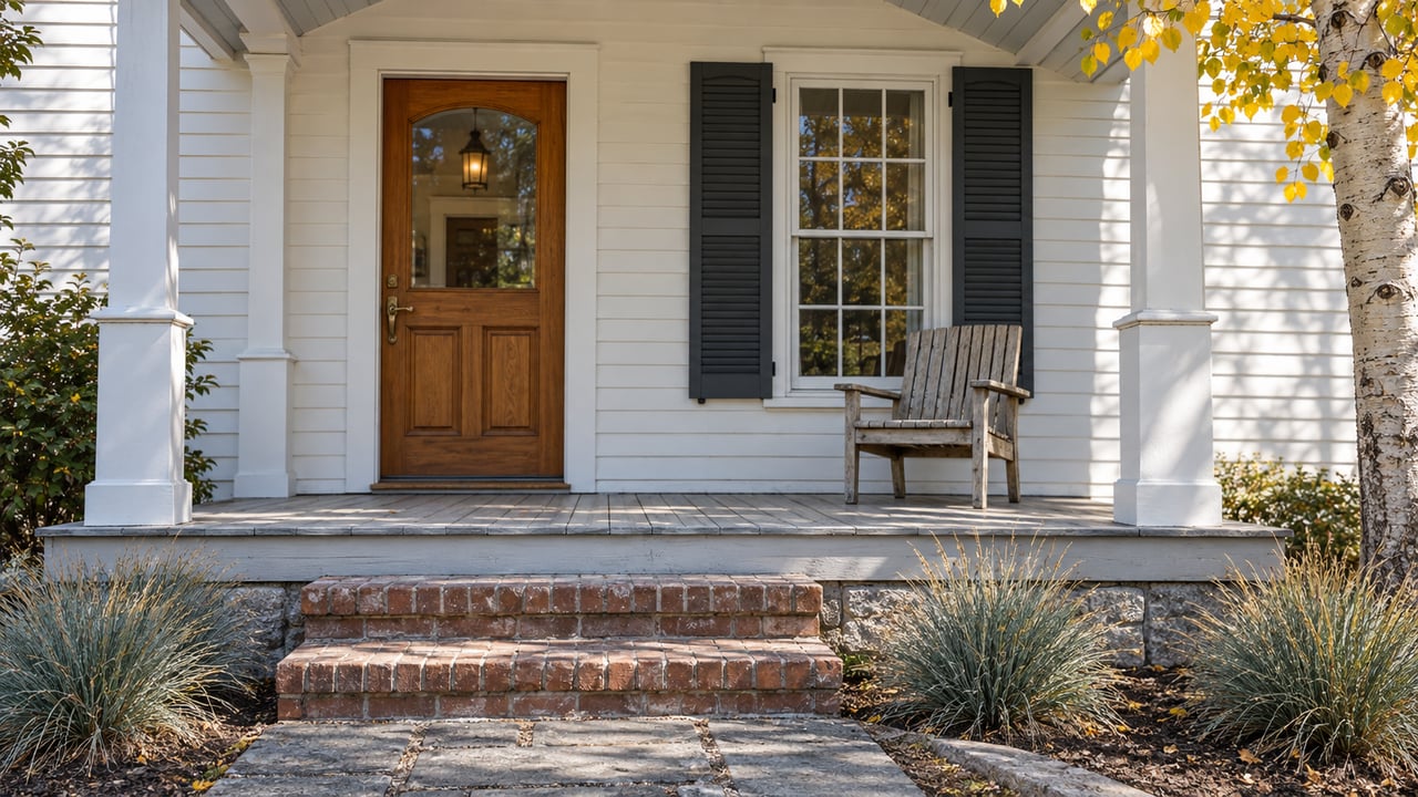 White clapboard home entry with a glazed wood door, paired dark window shutters, worn porch boards and brick steps beside golden aspen leaves.