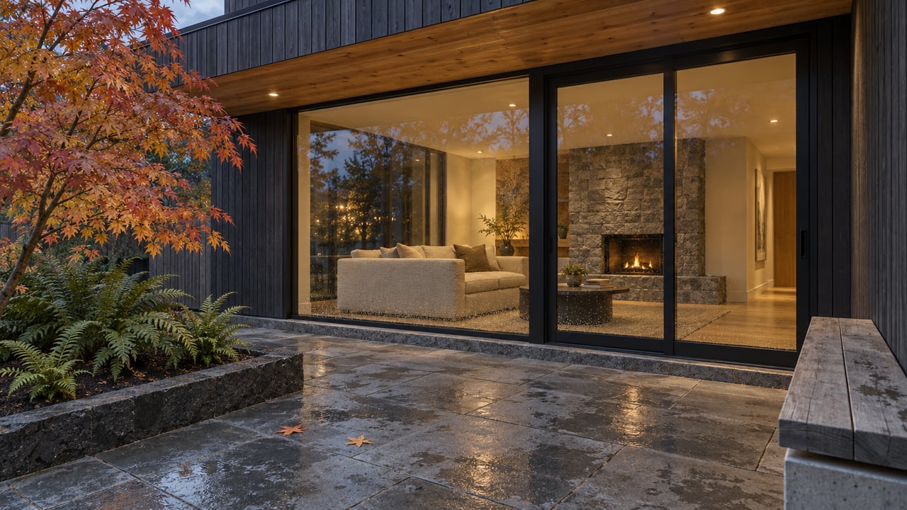 Cedar-and-glass home opening onto a rain-darkened stone terrace, with a built-in bench and red-gold vine maple at dusk.