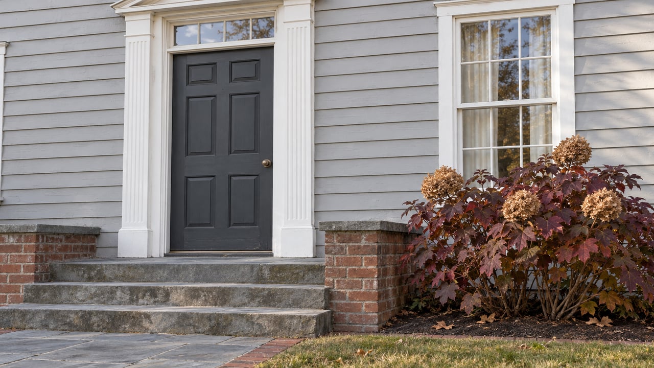 Pale-gray clapboard home with a charcoal front door, white pediment, bluestone steps, and burgundy oakleaf hydrangea.