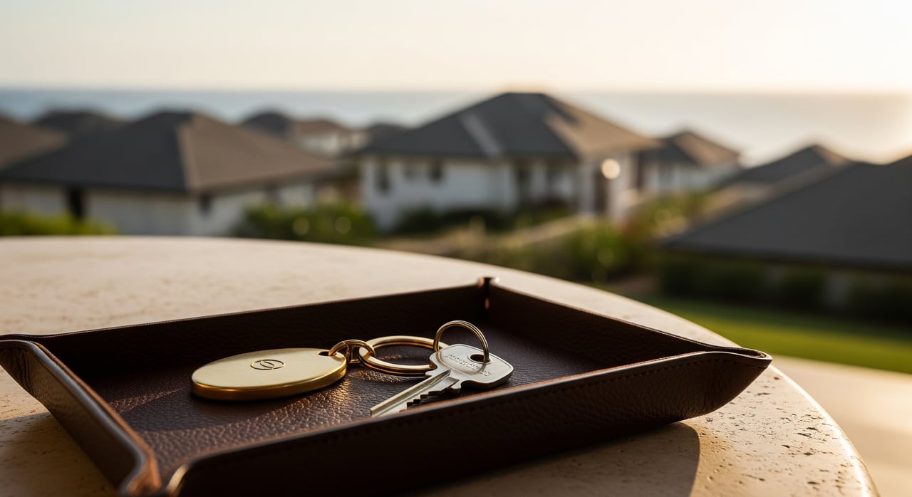 House keys and a round key fob on a dark leather tray, with suburban homes blurred behind them.