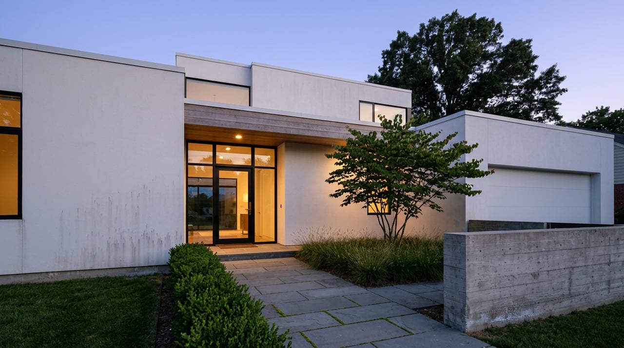Contemporary two-story home with glowing windows, recessed entry, and bluestone walkway bordered by clipped hedges.