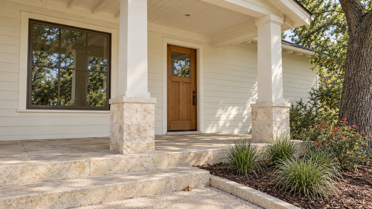 Covered bungalow entry with ivory wood siding, an oak door, limestone steps, and a mature live oak beside a planted bed.