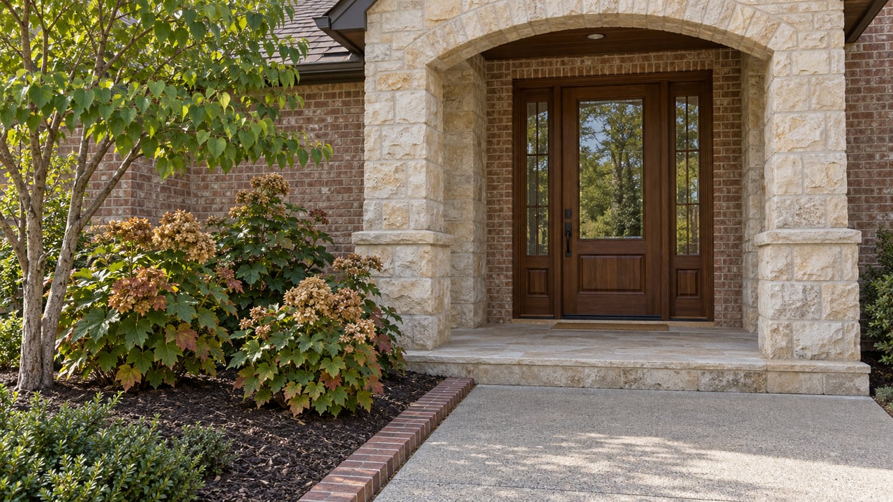 Buff limestone and brick entry with an oak glazed door, concrete approach, and oakleaf hydrangeas showing early autumn color.
