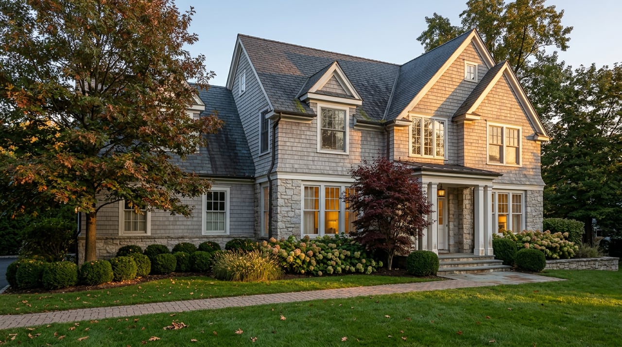 Stone-and-shingle home with columned entry, curved brick walk, copper-edged oak canopy, and burgundy Japanese maple.