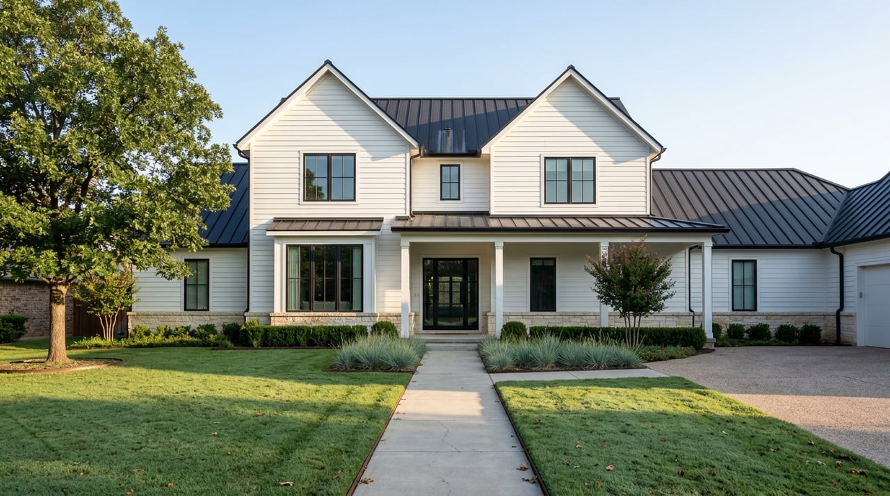 White two-story farmhouse with black metal roof, bay window, bur oak, and deep lawn.