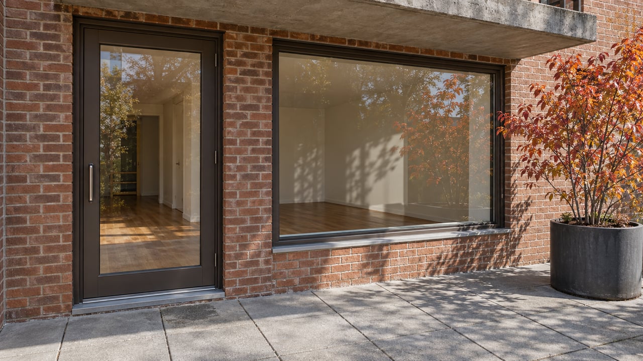 Brick residential entry with dark-framed glass, grey terrace pavers and a single orange-leaved serviceberry in a charcoal planter.