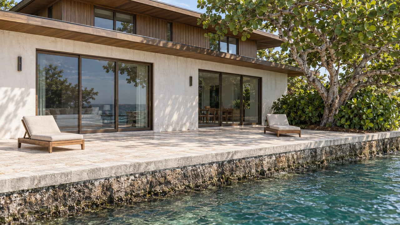Two-story timber-and-render waterfront home above a stone terrace, with lounge chairs, a sea grape tree, and blue-green water.