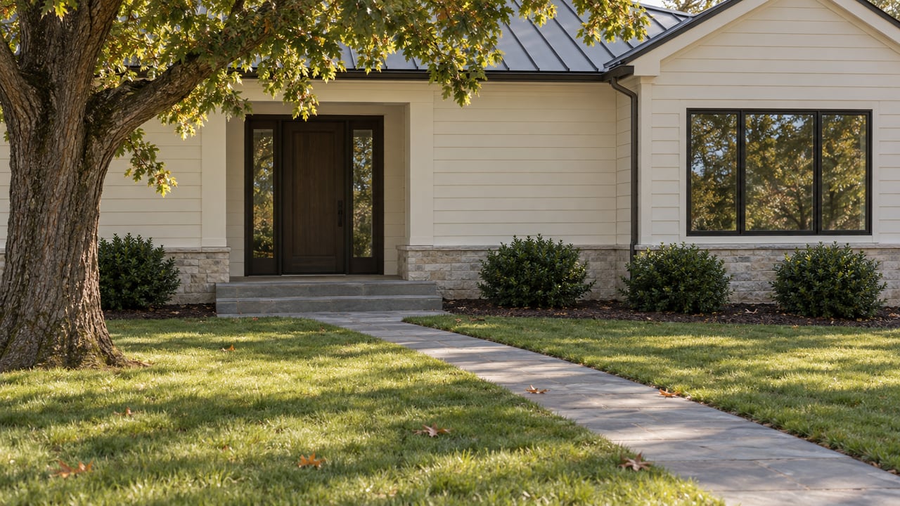 Off-white house with a dark recessed entry and broad window, set behind a lawn and bluestone path beneath an oak.