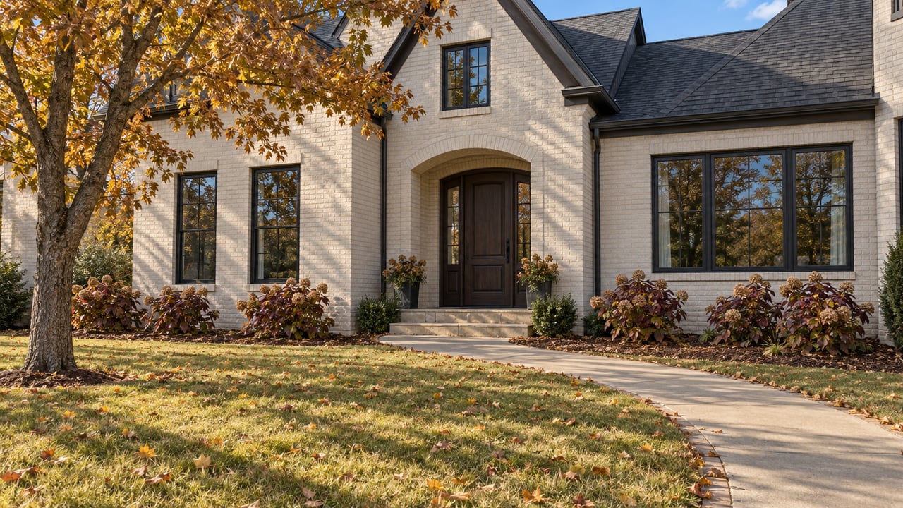 Painted-brick home with dark-framed windows, a curved concrete approach and a mature maple above a late-autumn lawn.