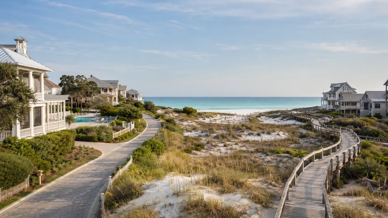 Representative WaterColor and WaterSound Beach comparison with coastal homes, dunes, boardwalk and Gulf views