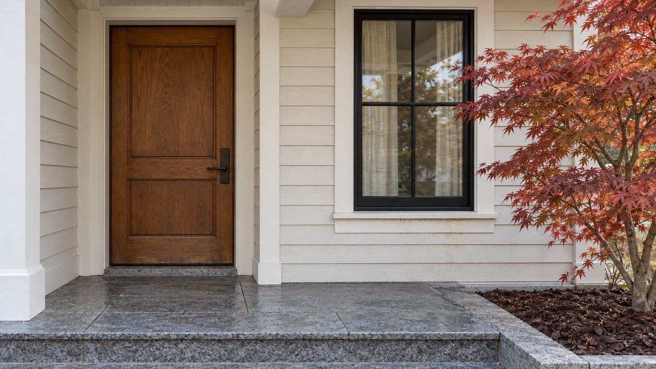 Covered entrance with an oak door, cream clapboards, black-framed window and granite landing beside copper-red Japanese maple leaves.