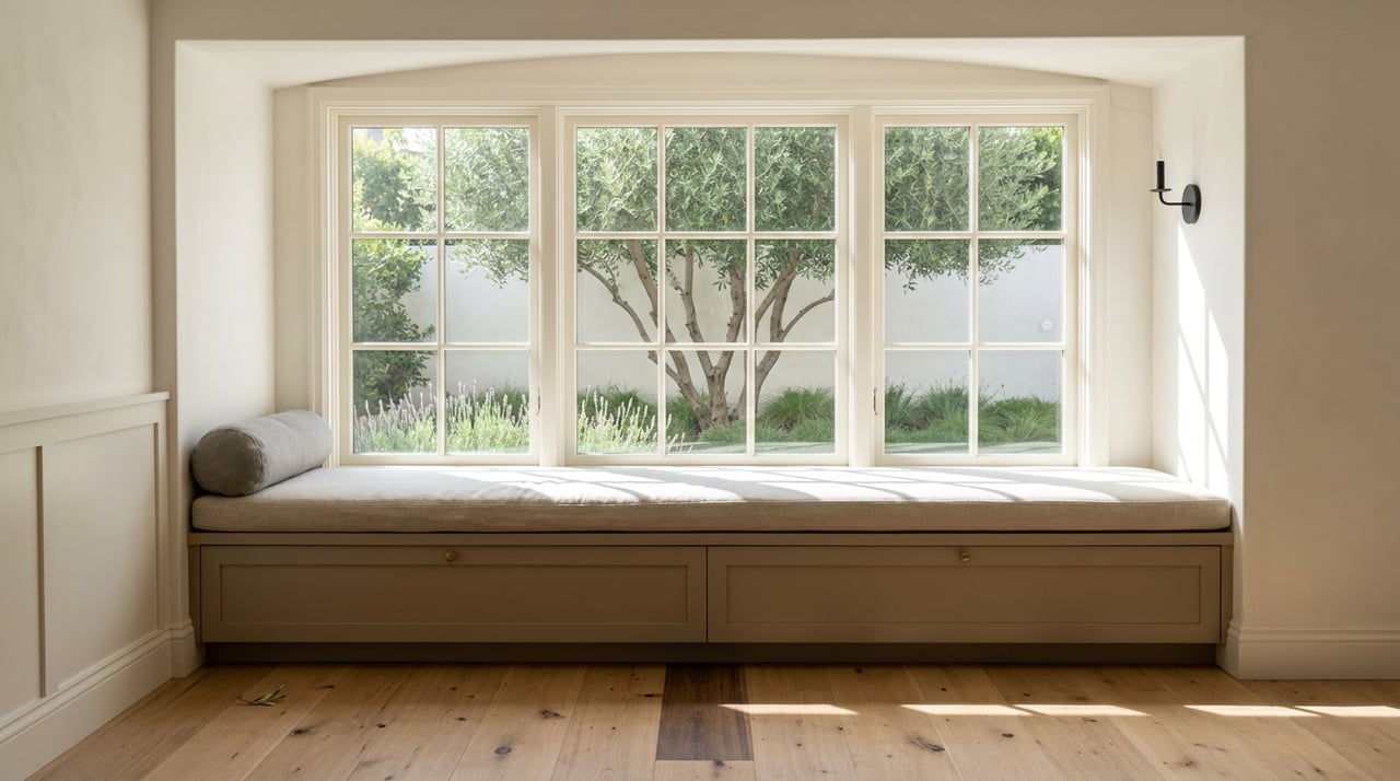 Plaster bay window with a linen-cushioned seat, gray bolster, and olive tree visible through divided panes.