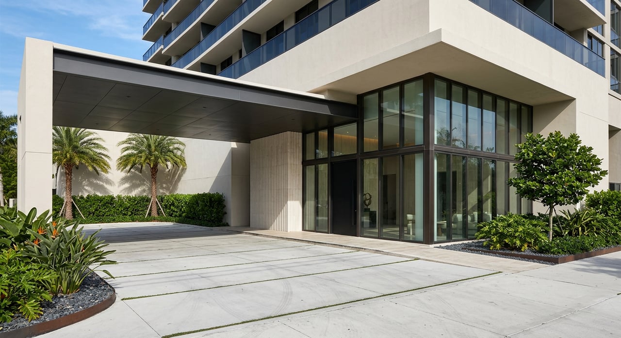 Modern condo entrance with a dark canopy, ribbed limestone wall, glass lobby, and palms beside a concrete driveway.