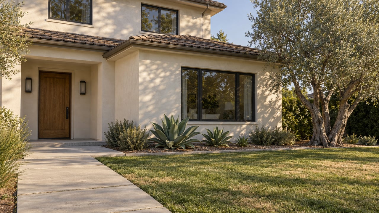 Afternoon light across an ivory stucco home with an oak front door, charcoal window frames, an olive tree and a concrete walk beside the lawn.