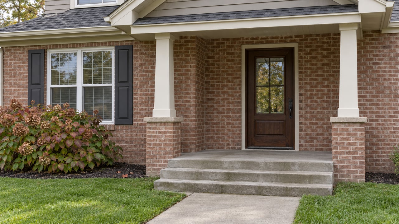 Brick-and-siding home entrance with paired porch posts, dark shutters, concrete steps and autumn oakleaf hydrangea.