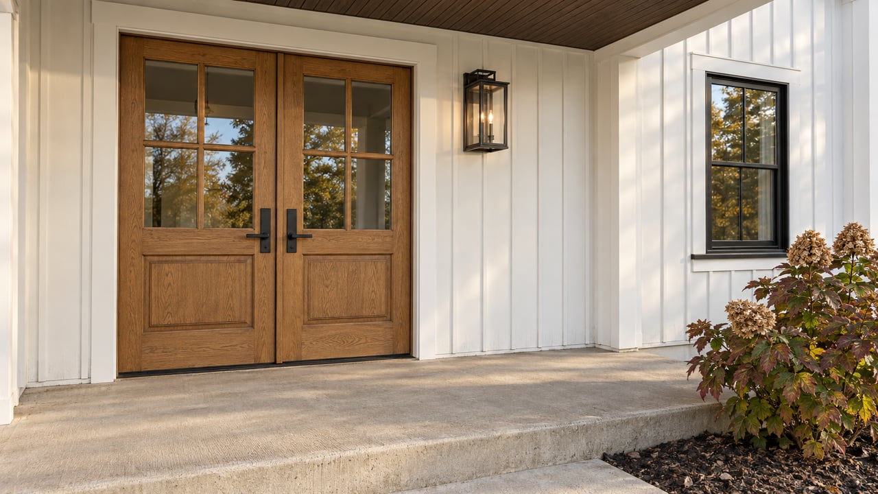 Warm wood double entrance doors beneath a dark beadboard porch ceiling, with white vertical siding and an autumn oakleaf hydrangea beside the concrete landing.