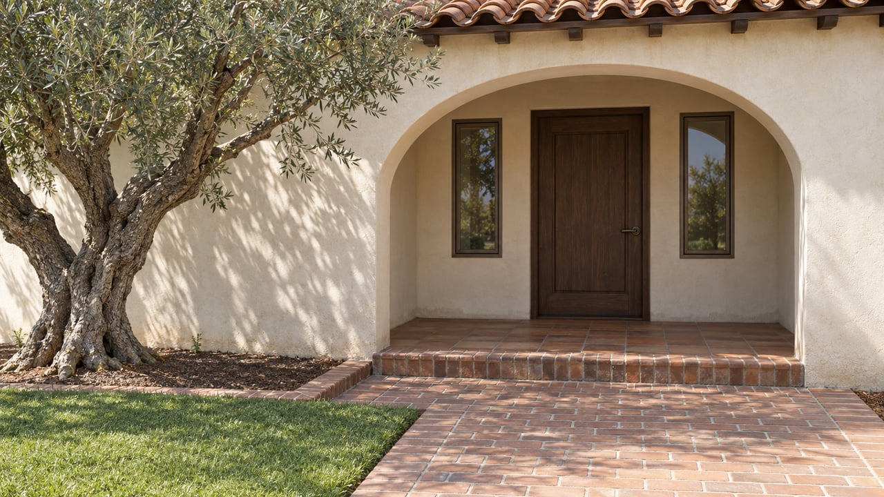 Ivory stucco home with a terracotta roof, recessed arched entry, brick approach and a sculptural olive tree beside the lawn.