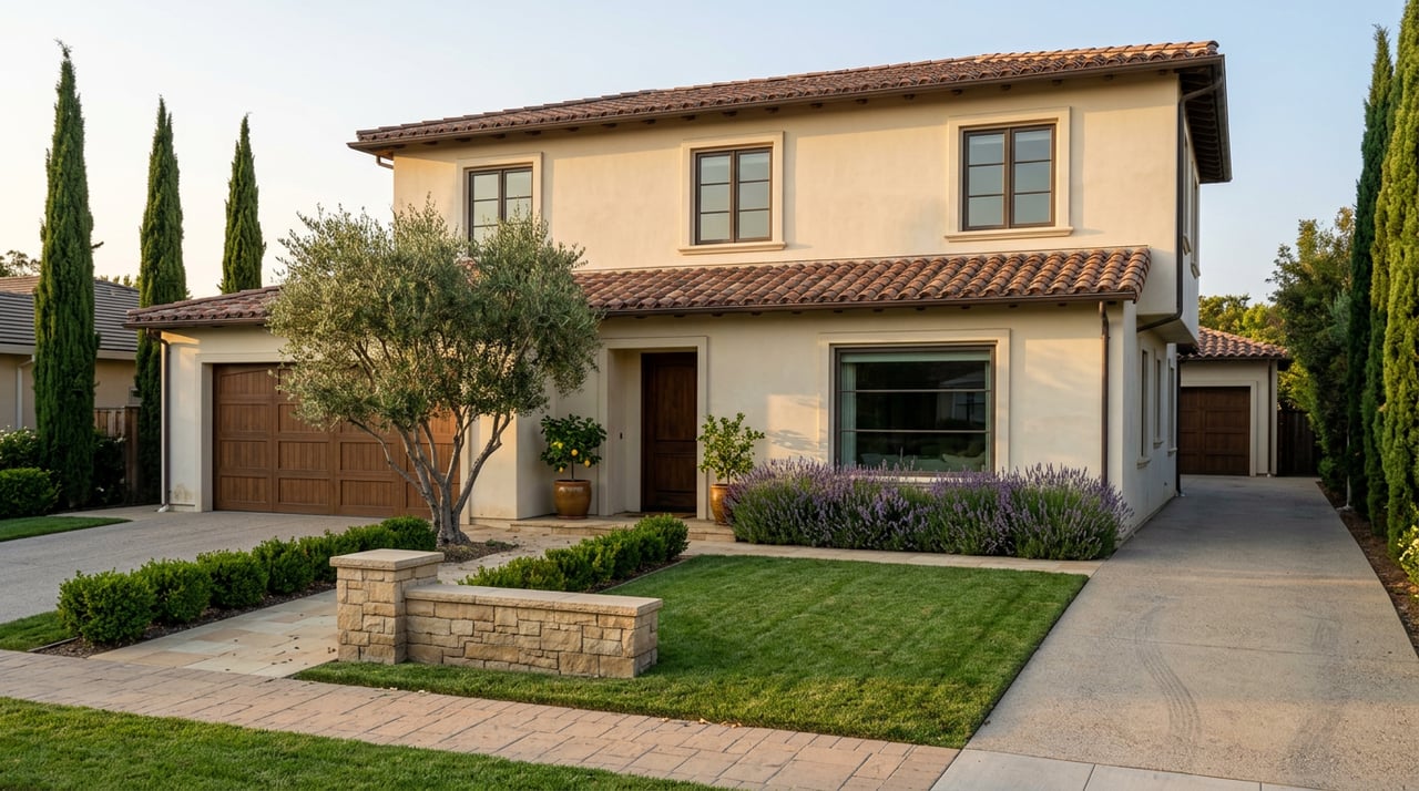 Two-story cream stucco house with terracotta roof, broad lawn, olive tree, and lavender-lined walkway.