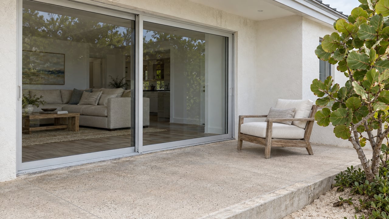 Covered terrace with pale stucco, closed glass sliders, weathered teak seating and a broad-leaved sea grape beside the raised concrete edge.