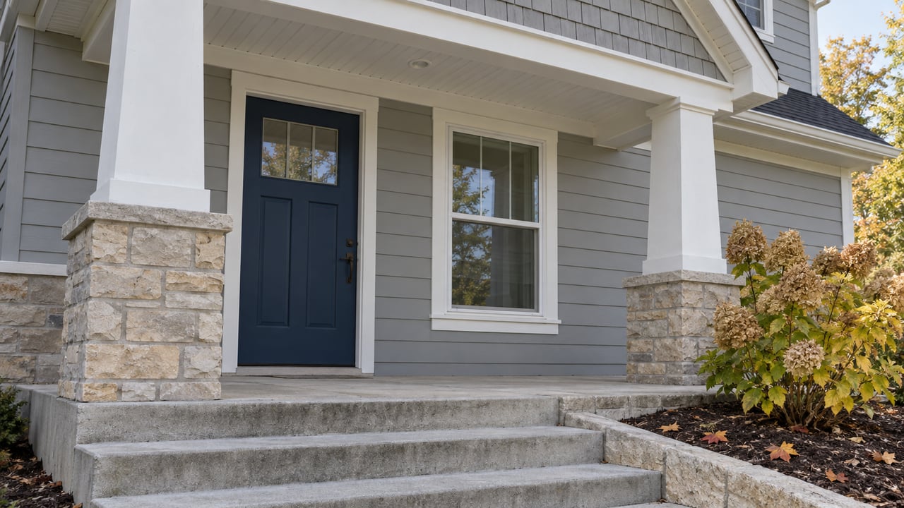 Gray-sided home with a navy front door, white porch columns on stone bases, weathered concrete steps and a hydrangea with drying autumn flowers.