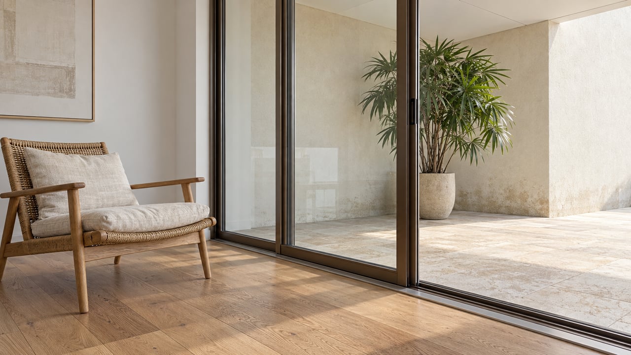 Sitting area with a woven lounge chair beside sliding glass doors opening onto a stone patio.
