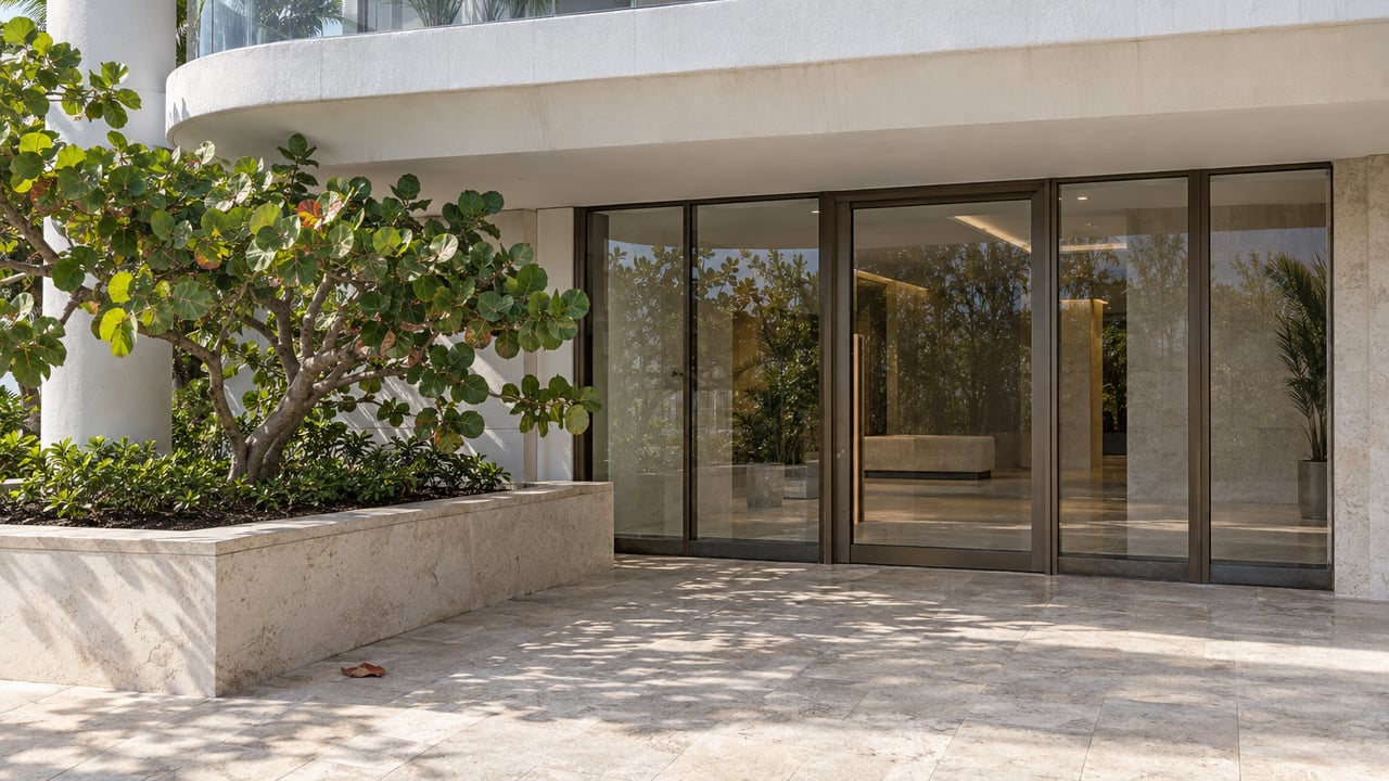 Rounded white balcony above a bronze-framed residential entrance, with limestone paving and a mature sea grape in a raised stone planter.