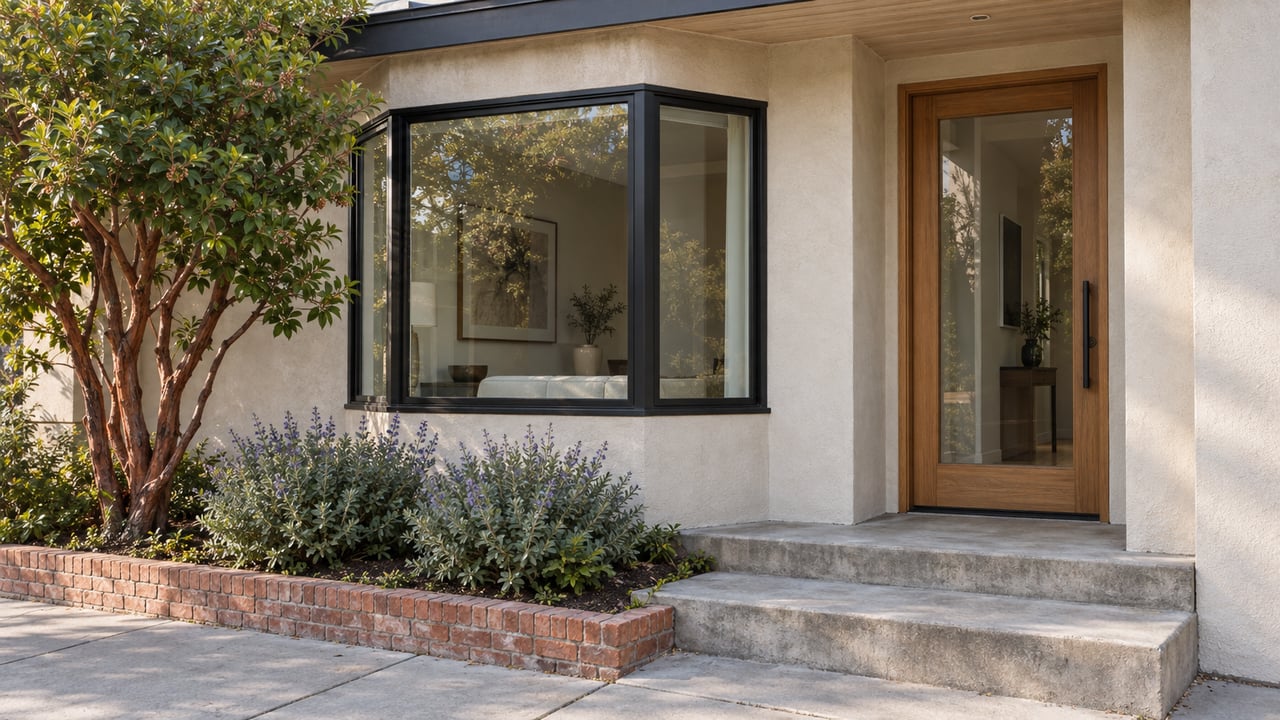 Stucco home with projecting black-framed bay window, recessed glazed timber door, and concrete stoop.