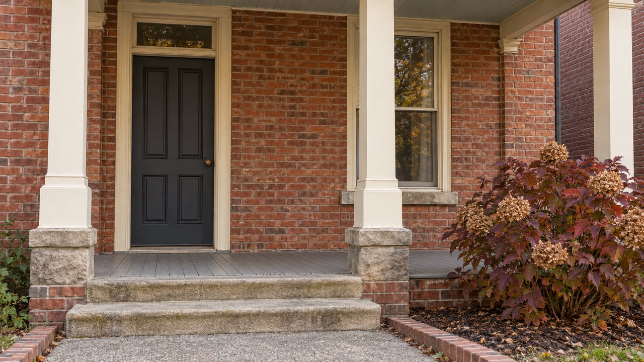 Red-brick home with a cream-painted covered porch, charcoal entry door, worn sandstone steps and burgundy oakleaf hydrangea in autumn.