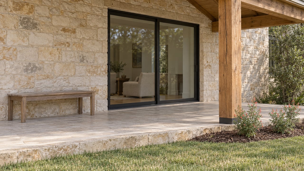 A limestone and timber rear porch with a glazed sliding door, teak bench and coral-flowering sage beside a clipped lawn.