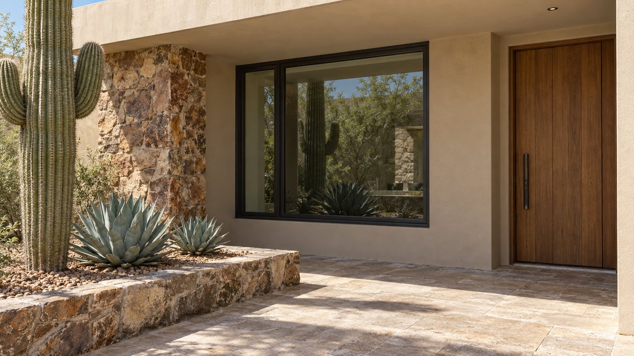 Shaded entry terrace of a beige contemporary home with rough stone, dark framed glass, an oak door, a mature saguaro and two sculptural agaves.