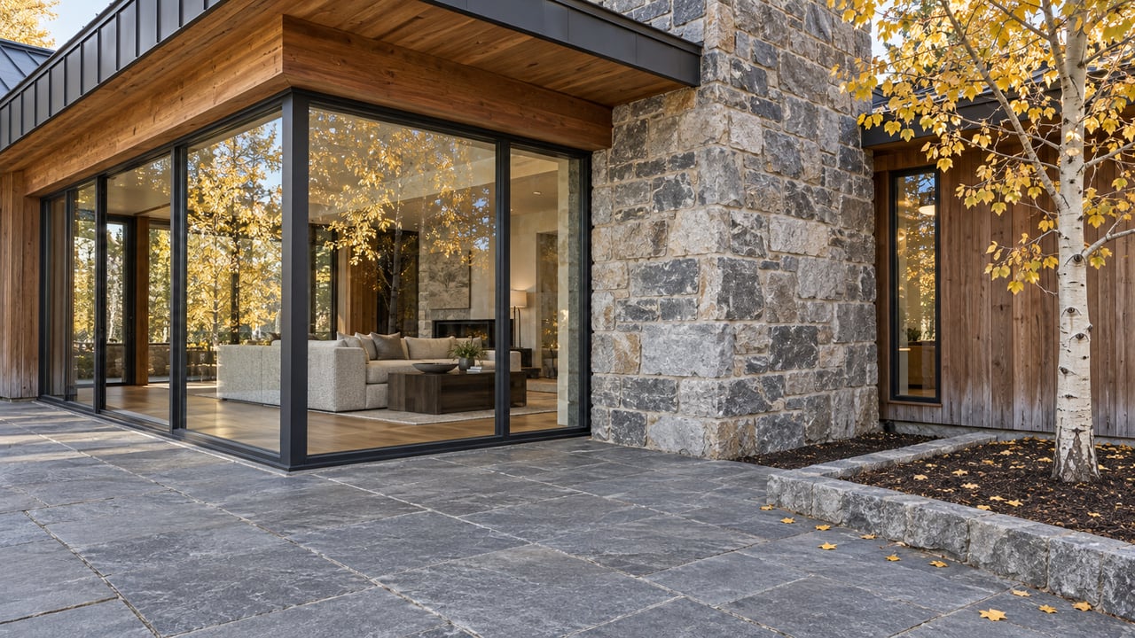 A cedar-and-stone home opens onto a granite terrace through tall corner windows beside a yellow-leaved aspen.