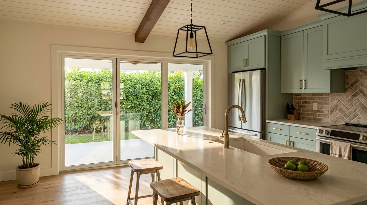 Sea-green kitchen island with limes, brass fixtures, and glass doors opening onto a dense hedge.