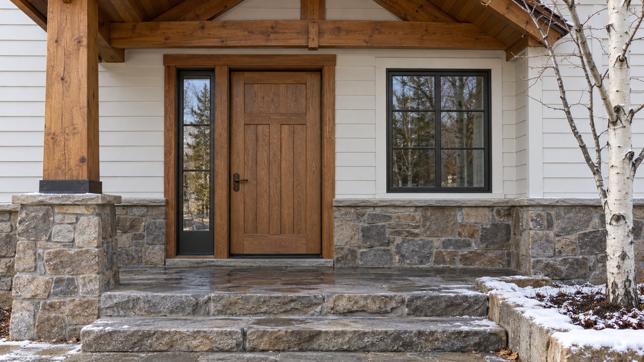 A timber-framed home entry with white clapboard, stone steps and traces of early snow beside an aspen trunk.