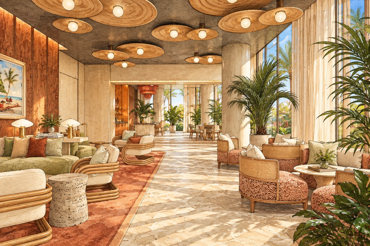 Lobby lounge with curved seating, sculptural wood ceiling lights, stone floors, and tall windows overlooking tropical landscaping.