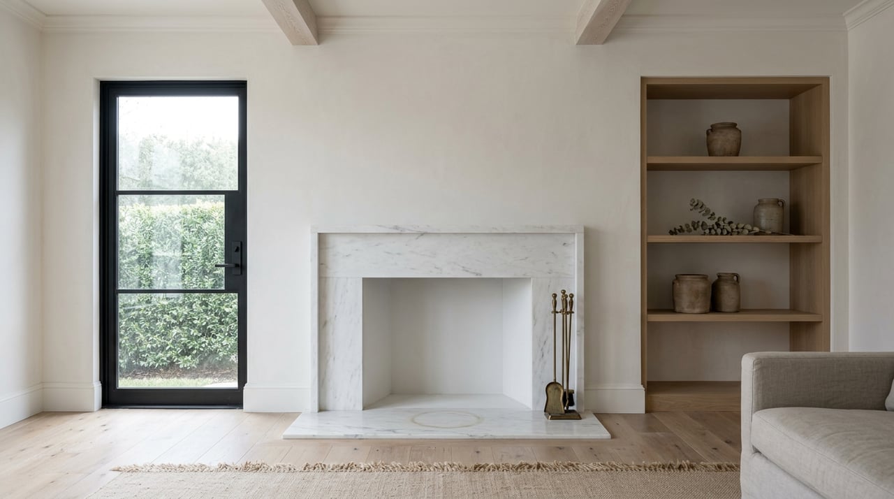 White-veined marble fireplace beside black-framed glass doors and white oak shelves with pottery and a dried stem.