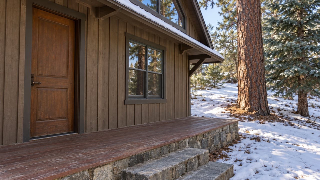 Weathered brown cabin entry with redwood-stained porch boards, stone steps and snow beneath a Jeffrey pine and white fir.