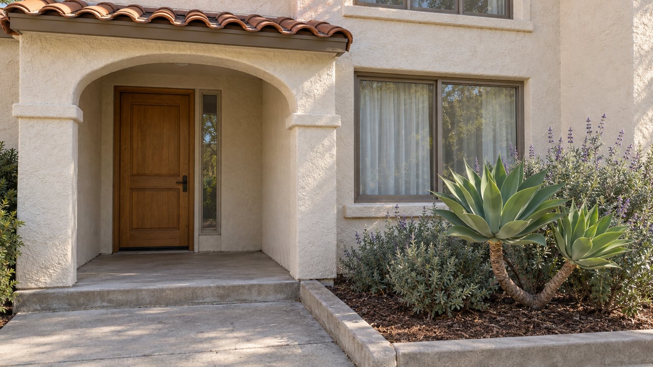 Sunlit stucco townhome entry with a clay-tile canopy, recessed wood door, broad window and sculptural agave beside a concrete walk.